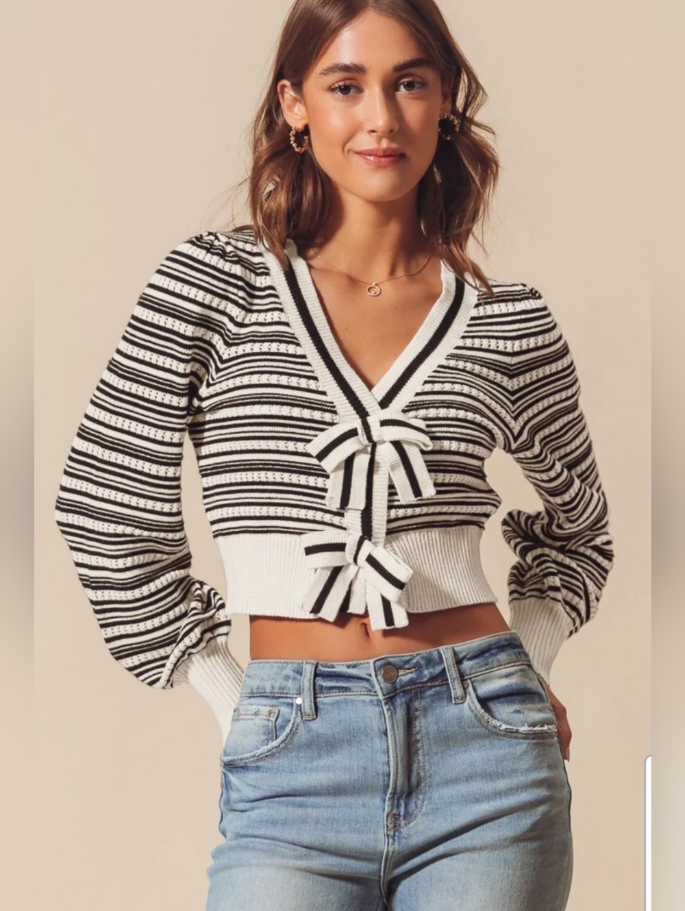 So Me Stripped Cardigan With Bow Detail Small
